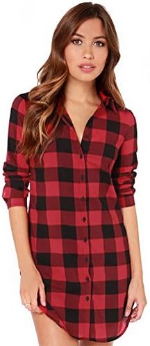 Women's Red Plaid Boyfriend Top Blouse Long T-shirt Dress (XL, Red)