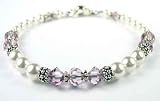 June Lt. Amethyst and Pearl Birthstone Swarovski Crystal Silver Beaded Bracelets/White Pearl Bracelets