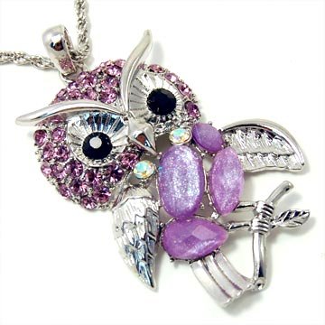 XX-Large Lilac/Purple Crystal Owl on Branch Charm Necklace Long 30