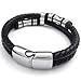 KONOV Leather Mens Bracelet Stainless Steel Charms Clasp, Black Silver - 8