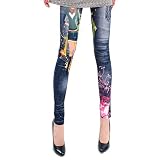 LOCOMO Women Blue Denim Print Fake Jeans Cartoon Ankle Length Footless Pantyhose Legging Tregging Tight Skinny Slim FFT020 One Size