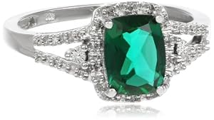 10k White Gold Cushion Created Emerald with Round Diamond Ring, Size 7