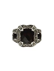 Sterling Silver Checkerboard Cut Onyx and Marcasite Ladies Ring