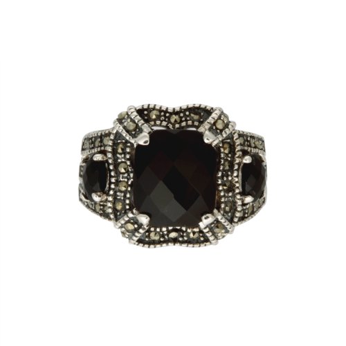 Sterling Silver Checkerboard Cut Onyx and Marcasite Ladies Ring, Size 7