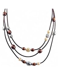 Sterling silver dyed chocolate, champagne and grey freshwater cultured pearl brown rubber necklace, 17.5-18.5"