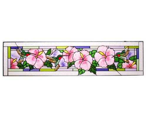 Hummingbirds Hibiscus Horizontal Art Glass Panel Wall Hanging Suncatcher 10 x 42