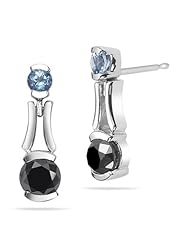 1.37 Cts Black Diamond & 0.20 Cts Aquamarine Earrings in 14K White Gold