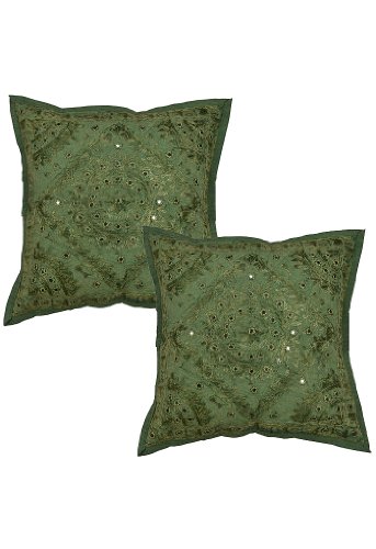 Imagen principal de Cojín Hecho a mano adornado con bordado a mano pesada y tamaño Mirror Work 16 x 16 pulgadas Juego de 2 piezas