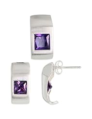 Sterling Silver Matte-finish Fancy Earrings (16mm tall) & Pendant Slide (17mm tall) Set, w/ Princess Cut Amethyst-colored CZ Stones