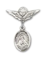 Sterling Silver Baby Badge with St. Bede the Venerable Charm and Angel with Wings Badge Pin