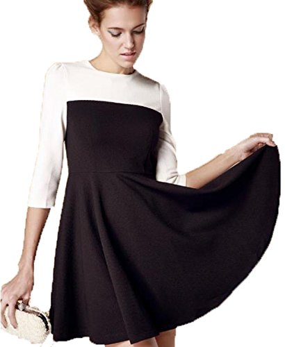 YeeNoke® お嬢様系　7分袖　バイカラー　背中ファスナー　胸元切替　パフスリ　フレア　Aラインワンピ　ショート　ミニワンピ