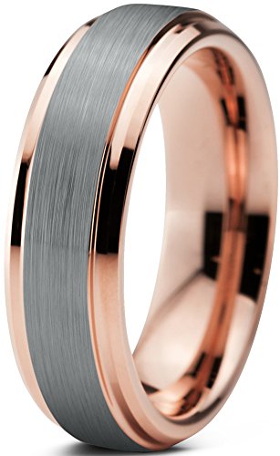 Tungsten Wedding Band Ring 6mm for Men Women Comfort Fit 18K Rose Gold Plated Beveled Edge Brushed Polished Lifetime Guarantee