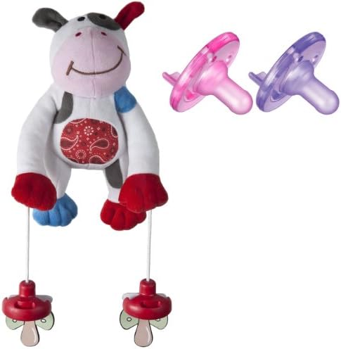Pully Palz Cow Pacifier Retriever Toy with 2 Pack Soothie Pacifier