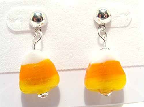 Cute Halloween Lampwork Glass Candy Corn Earrings #halloweenearrings #autumnearrings #candycornearrings #handmadeatamazon #orangeearrings #giftsforher