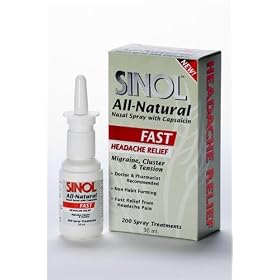Sinol "All Natural" Headache Nasal Spray with capsaicin. This new pain reliever is being used by migraine and cluster headache clinics. Relief medicine that works.