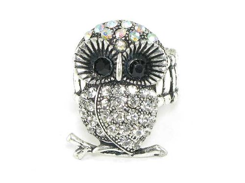 Too Cute Wise Aurora Borealis & Ice Crystal Owl Fashion Ring on Adjustable Stretch Band Antique Silver Tone