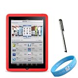 Silicone Skin Red Case for Apple iPad + Silver Stylus + Wristband
