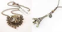 niceEshop(TM) 2Pcs Pack- Bronze-Fashion Vintage Eiffel Tower Pendant With Chain + Art deco owl vintage retro Long necklace jewellery pendant