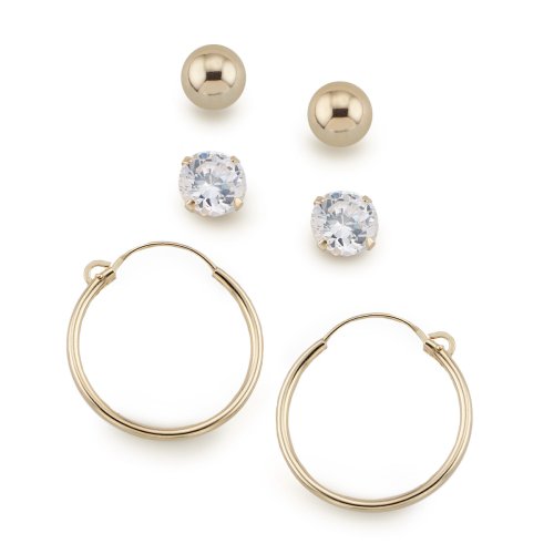 14k Yellow Gold 3 Pair Earring Set 5mm Ball Stud  5mm White Cubic Zirconia Stud  and 14mm U Wire Hoop