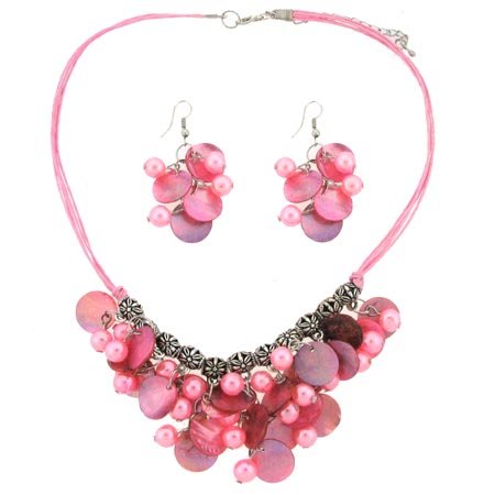 Pink Mother of Pearl and Bead Necklace and Earrings Set