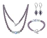 Sterling Silver Imitation Pearl and Crystal Bracelet Earrings with Necklace Jewelry Set Made with Swarovski Elements