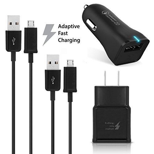 Quick Charge 2.0, Ixir Cable, Car & Wall Charger Set -Includes (2) 3.8 Ft Micro USB Cable, (1) Car Charger, and (1) Wall Charger for Galaxy S7 S6 Edge Plus, Note 4 5, LG G4, Nexus 6 (BLACK)