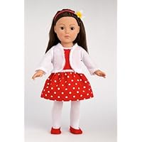 Red Polka Dot - Red Polka Dot Dress with White Cardigan, Tights and Slippers; fits 18 inch American Girl dolls.