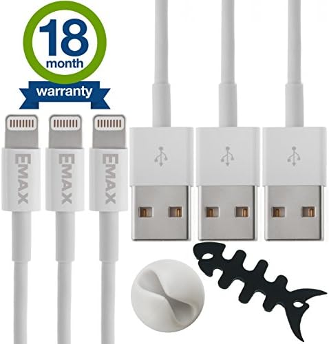 (3 Pack) EMax(TM) 8-pin Lightning Connector to USB for iPhone 6 / 6 Plus, iPhone 5 / 5S / 5C, iPad Mini, iPad Air, iPod touch 5, iPod Nano 7 - Portable White Cord for Home or Travel with Cable Organizer - Extremely Durable (3x 1 Meter/3.3 Feet) - 18 Months Guarantee!