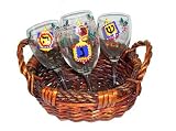 ArtisanStreet's Xmakah Goblet Gift Set. 5 piece Set Features 4 Wine Glasses for the Blended Family at Christmas & Chanukah in Gift Basket. Each Hand Painted Glass Has Dreidel with Holly & Ivy Surrounding it. One of a Kind, Signed by Artisan