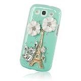 New Handmade 3D Eiffel Tower Diamond Rhinestone with Two Flower Case Hard Cover Cyan for Samsung Galaxy S3 III I9300
