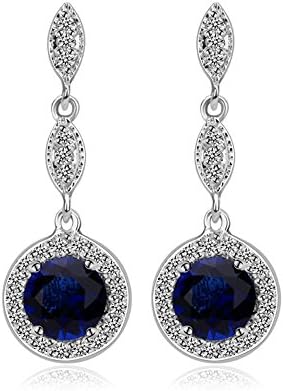 YAFANG White Gold Plated Round AAA Cubic Zirconia Blue Sapphire Dangle Earrings