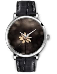 SPRAWL Aanalog Fashion Series Silver Ladies Watches of Genuine Black Leather Strap,Unique Wrist Watch for Women Girls Designed with yellow Daisy