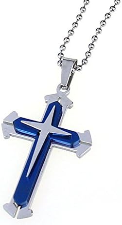 Bestpriceam 1pcunisex Men Stainless Steel Cross Pendant Necklace Chain (Blue+Silver)