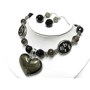 Black Murano Glass Heart Beads Necklace Earring Set