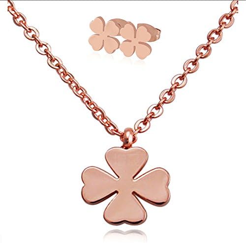 18k Rose Gold Plated Glossy Four Leaf Heart Clover Pendant Necklace Matching Earrings 16 Inch