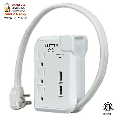 Bestten 3 Outlet Portable Travel Surge Protector with 2.4A Dual USB Charging Ports, 18in Cord