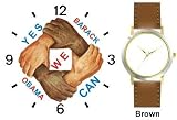 Black & White Hands and Forearms Interlocking - Yes We Can No.1 - President Barack Obama Commemorative - WATCHBUDDY&reg; DELUXE TWO-TONE THEME WATCH - Arabic Numbers - Brown Leather Strap-Size-Women's Size-Small
