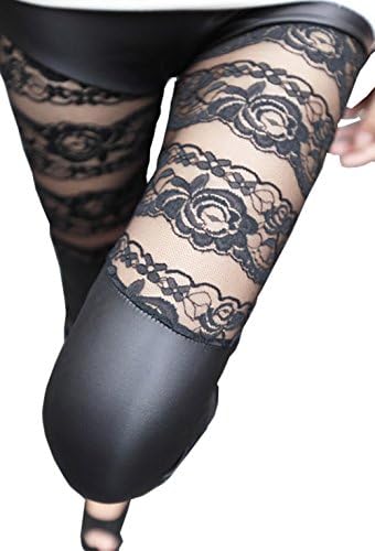 Women Sexy Faux Leather Lace Mesh Inset Stripes Ankle Length Tight Leggings