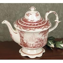 Elegant Red Toile Teapot For Teas, Dining and Kitchen Decor