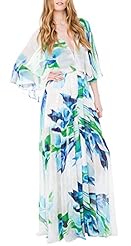 Sexy V-neck Slit Floral Print Chiffon 3/4 Sleeves Maxi Dress 