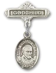 Sterling Silver Baby Badge with St. Vincent de Paul Charm and Godchild Badge Pin