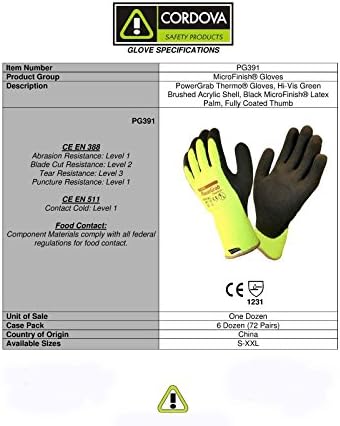Cordova Powergrab Thermo Insulated Gloves, 10 Gauge Acrylic Hi-Vis Lime Green Shell, MicroFinish Black Latex Grip, 6 Pair, Size: LARGE (PG391-L)