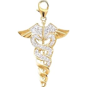 14K Yellow Gold Diamond Caduceus Charm