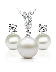 Honeystore Womens Box Chain 925 Sterling Silver Cubic Zirconia Natural Freshwater Pearls Necklace Set Color White