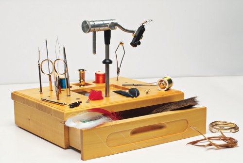 Wooden Fly Tying Station with Tools and Materials