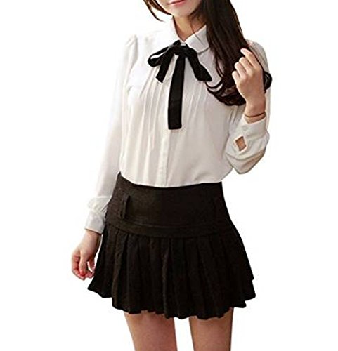 Sanrense_JP ボウタイ ブラウス シャツ シフォン 秋夏 長袖 半袖 無地 きれいめ カジュアル オフィス 白 大きいサイズ S～5L