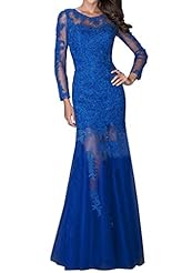 Lace Scoop Neck Long Sleeves Floor Length Evening Dress/Mother-of-the-Bride Dress/Prom Dress 