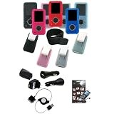SanDisk Sansa e250 e260 e270 e280 Premium Silicone Skin with Accessory Kit - Bundled USB Retractable Home Travel and 12v Car Charger Set - 7 Color Options