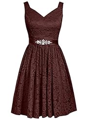 V-neck Short Satin Beaded Lace Bridesmaid Dress/Prom Dress/Wedding Party Dress  With a Sash 