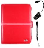 Red Leather Cover Case and LED Light for Sony Reader eBook Touch Edition PRS-600 with 4-Inch eBigValue TM Determination Hand Strap